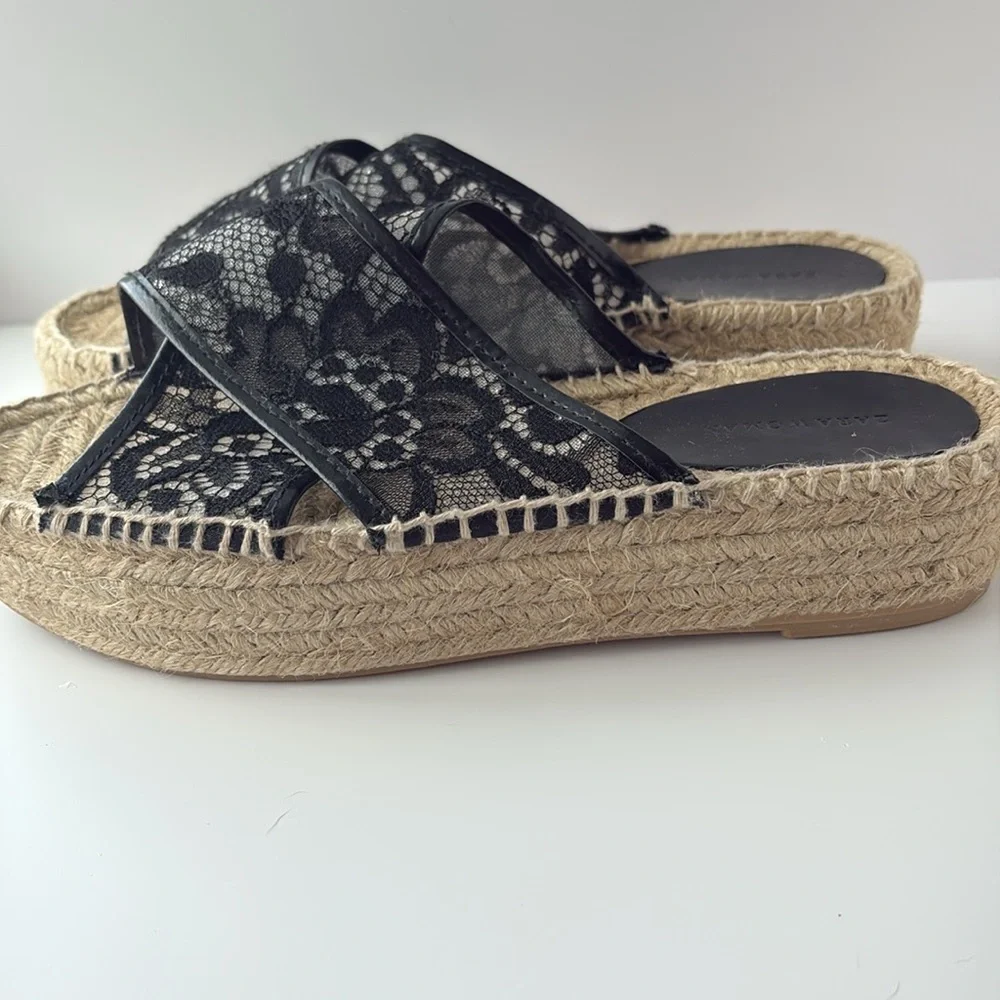 Zara Black Lace Crisscross Espadrille Woven Jute Platform Slide Sandals